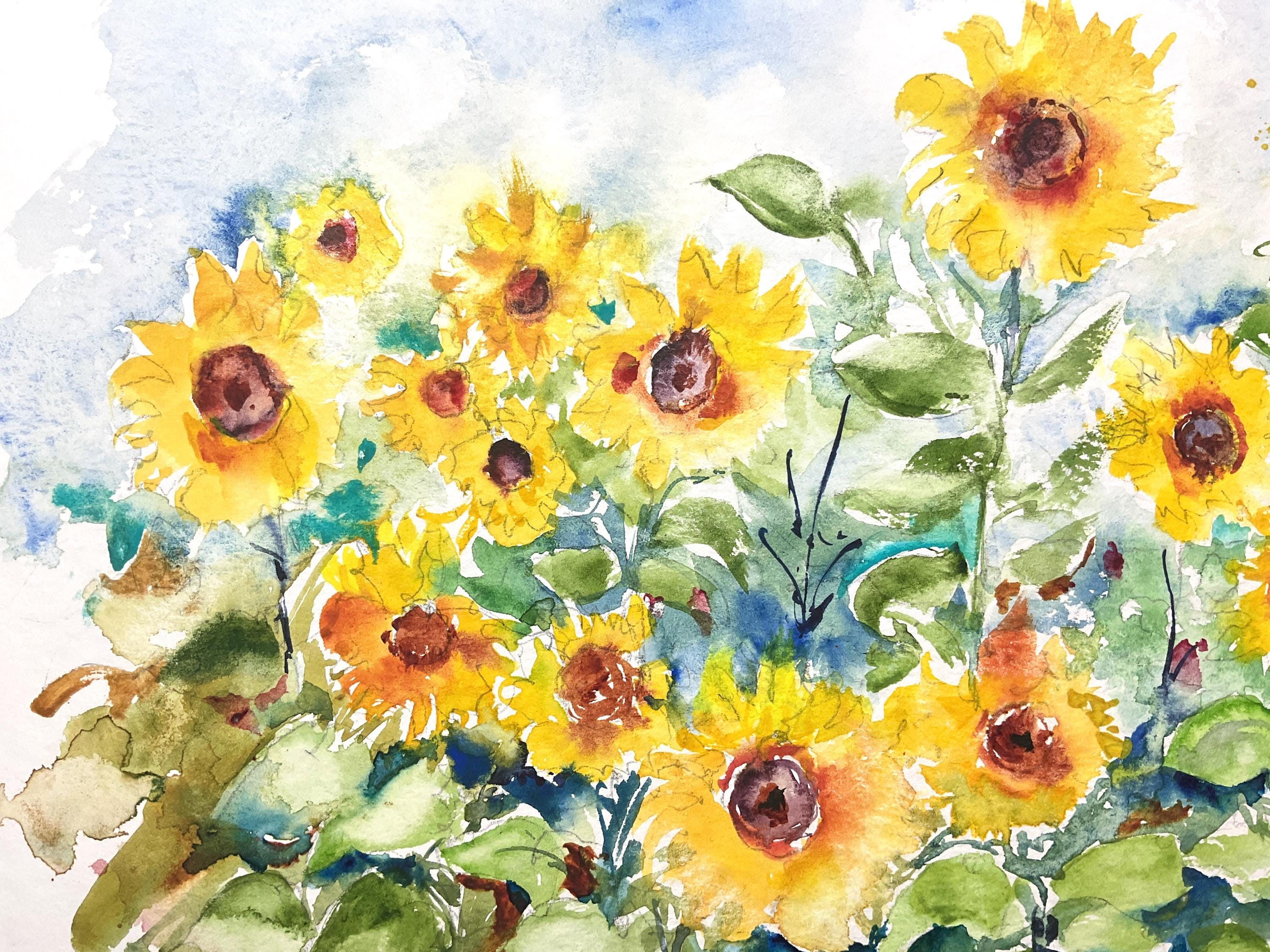 水彩画　ひまわり ひまわり畑の水彩画、ひまわりの原画、田舎の夏の花畑、典型的な