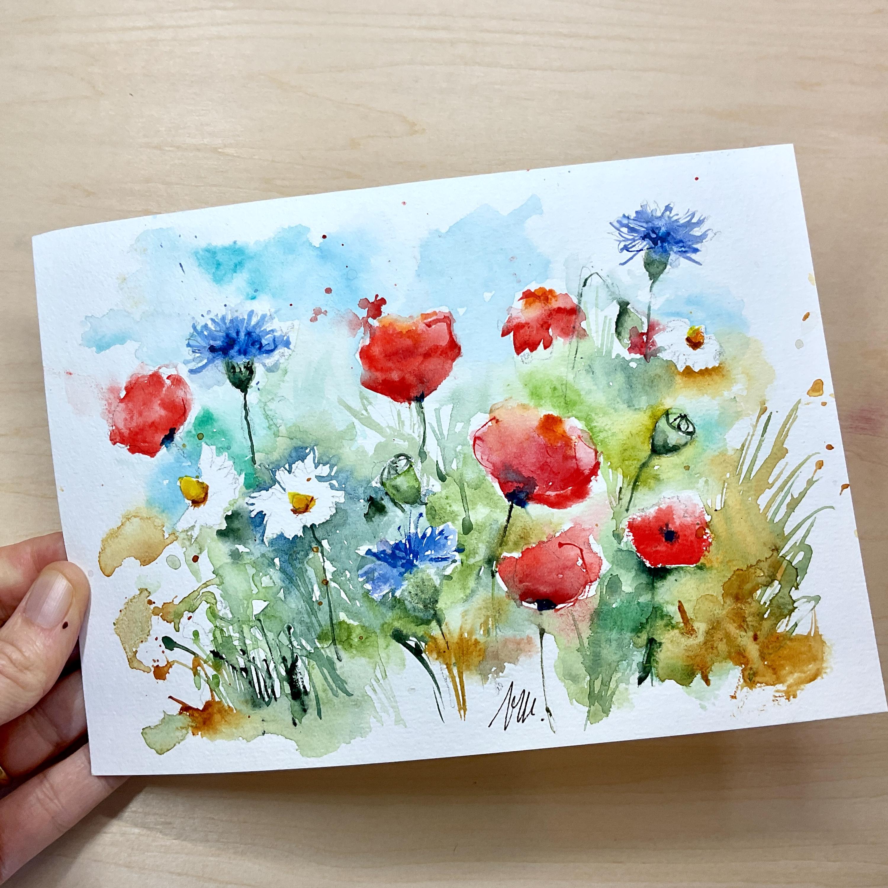 水彩画 ポピーの咲く公園 額縁付き ポピーの水彩画、野原の赤いポピーの花のオリジナルアート、野生の花の