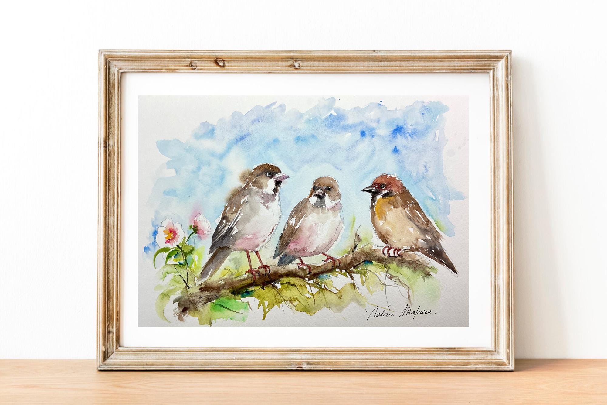 スズメのオリジナル水彩画、枝にとまる鳥の壁飾り、子供部屋の装飾