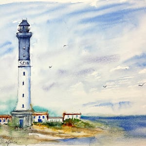 Paesaggio del faro sull'isola di Sein in Bretagna, acquerello marino originale di un faro con mare blu e uccelli. Dipinto del faro di Goulenez.