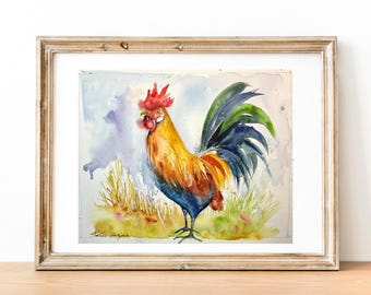 鶏の絵、農場の王のオリジナルの水彩画、田舎風の壁の装飾、鶏ファンへ
