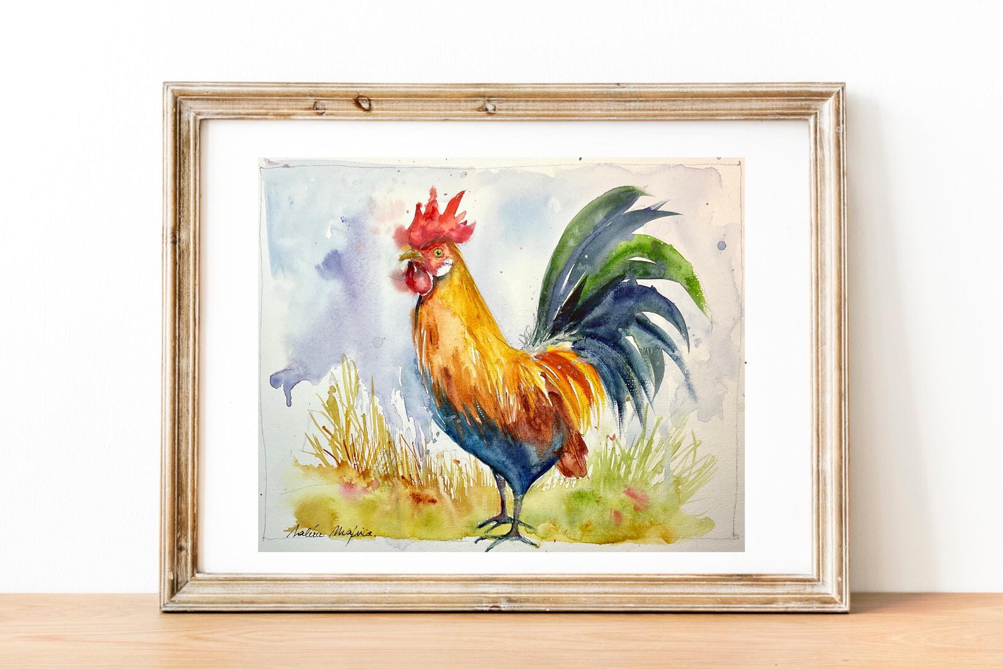 鶏の絵、農場の王のオリジナルの水彩画、田舎風の壁の装飾、鶏ファンへ