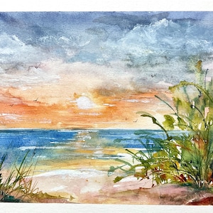 Schilderij van een zonsondergang boven de zee, originele aquarel van een flamboyante en romantische zonsondergang boven de oceaan, gloeiende lucht