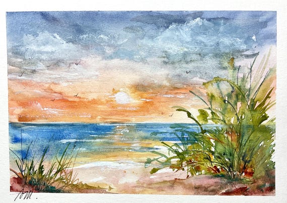 海の夕日の絵画、華やかでロマンチックな海の夕日、白熱した空の