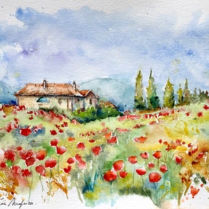 Tuscany landscape painting in summer, original watercolor poppy fields, wall art of wild red poppies flowers in fields, poppies summer field