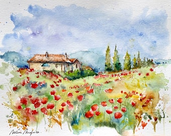 Peinture de paysage de Toscane en été, aquarelle originale champs de coquelicots, art mural de fleurs pavots rouges sauvages dans les champs