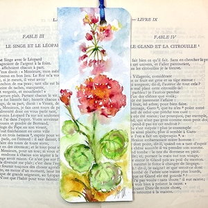 Marque-page géranium, peinture de géranium en aquarelle originale sur signet, signet fait-main pour livre, cadeau féminin et raffiné