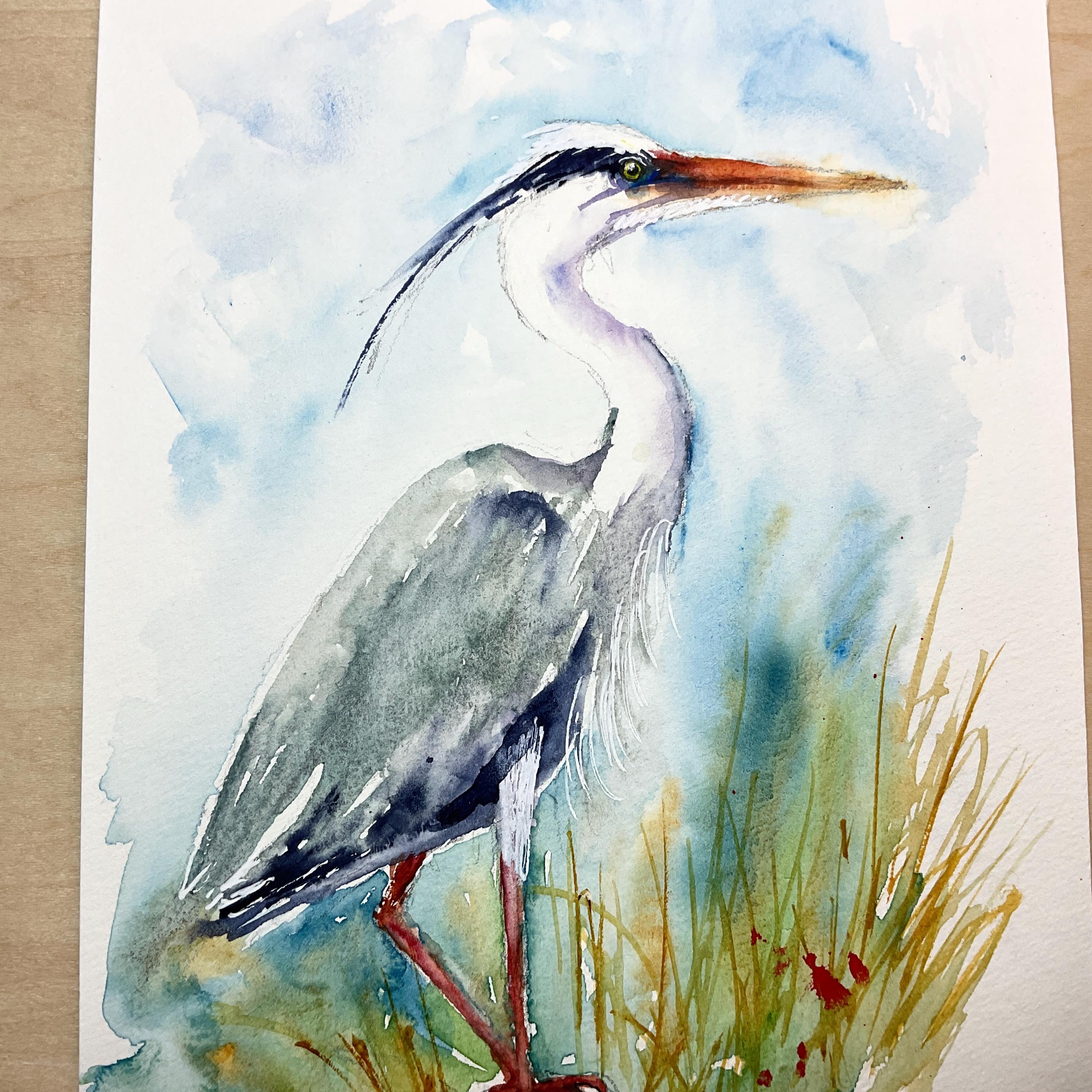アオサギ油彩画 アオサギの絵画、アオサギのオリジナル水彩画、沼地や池の水鳥の絵画