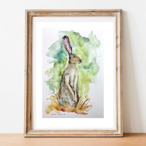 Dipinto ad acquerello originale di una lepre in natura, ritratto di un coniglio selvatico, disegno artistico di un coniglio selvatico, decorazione per la cameretta del bambino