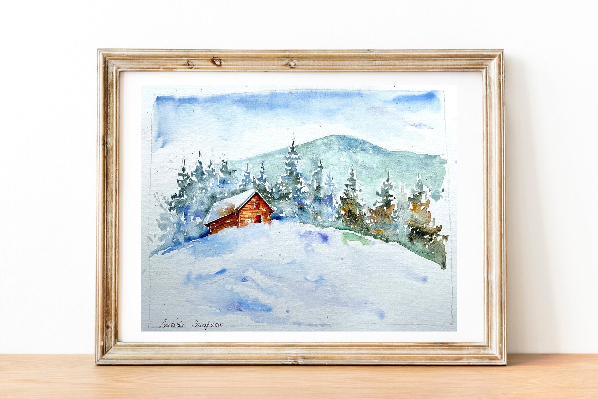 冬の山の風景、雪に覆われた丘のオリジナルの水彩画、雪景色、アルプス