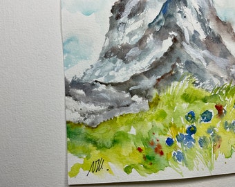 夏のマッターホルン山の水彩画、スイスアルプスのマッターホルンの風景