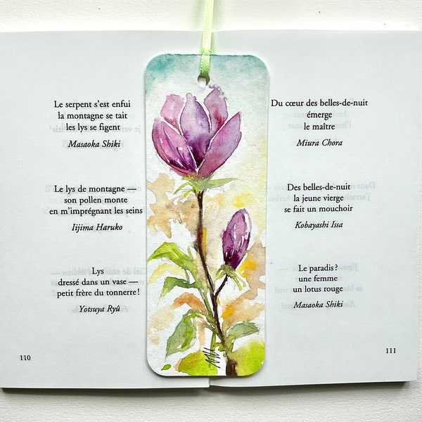 Fleur de magnolia sur marque-page aquarelle, peinture de fleur du printemps sur signet, aquarelle de magnolia, cadeau pour lectrice