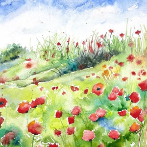 Paisaje de campos de amapolas, acuarela original de amapolas, naturaleza en verano, prados de flores y montones de paja, arte de amapolas imagen 5