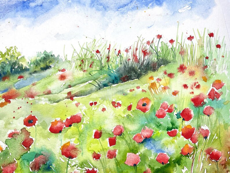 Paisaje de campos de amapolas, acuarela original de amapolas, naturaleza en verano, prados de flores y montones de paja, arte de amapolas imagen 5