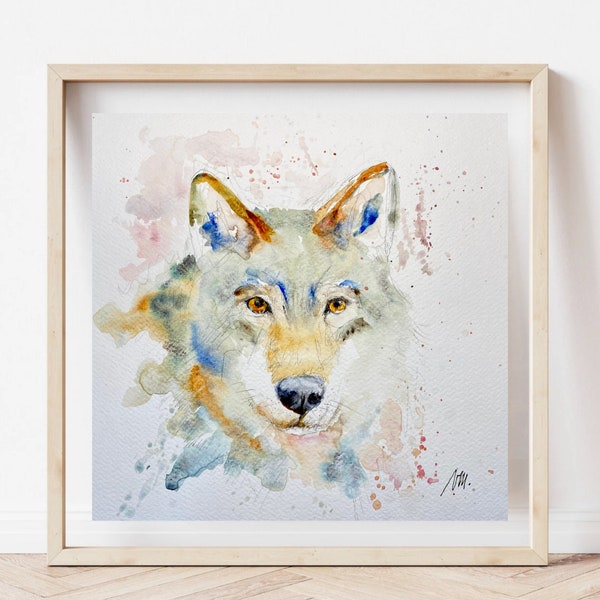 Portrait d’un loup en aquarelle originale, illustration d’un fauve sauvage, peinture du grand gentil loup pour bébé ou chambre d’enfant