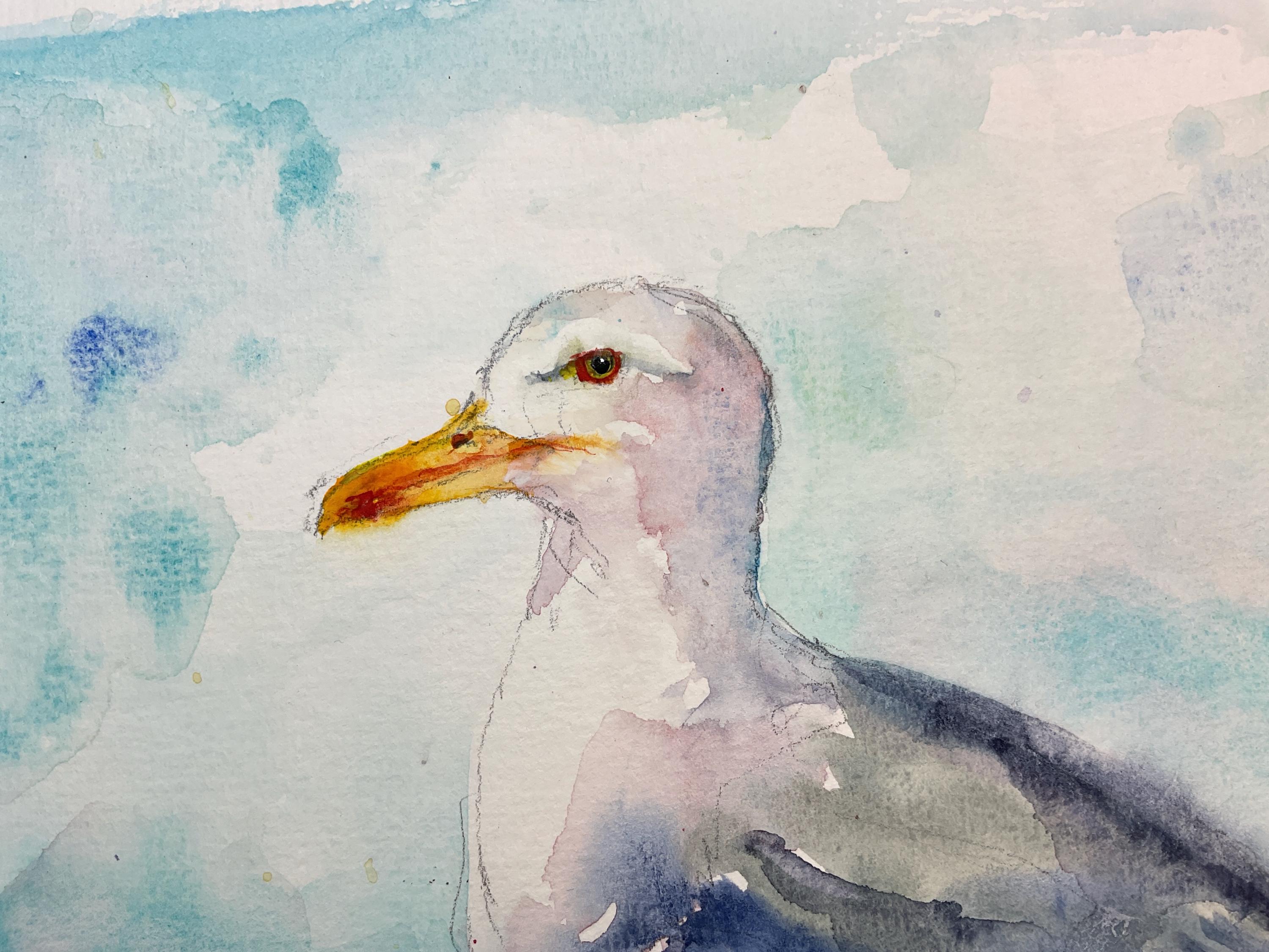 オリジナルの水彩画のカモメ、カモメの絵画、海洋をテーマにした