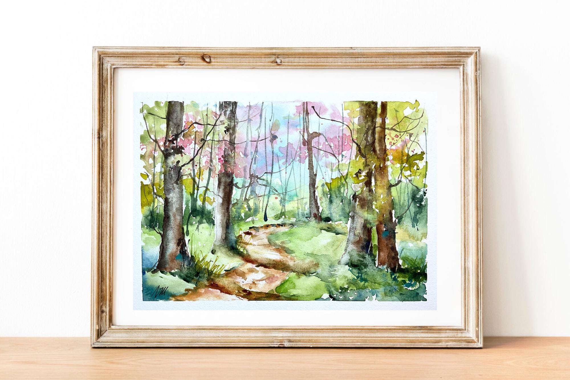 水彩画の春の森の風景、明るい下草のオリジナル絵画、緑の森の壁の装飾