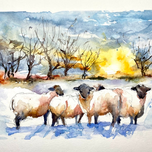 Peinture aquarelle de moutons, paysage de troupeau dans la campagne, peinture originale de moutons dans les prés au couchant, art mural