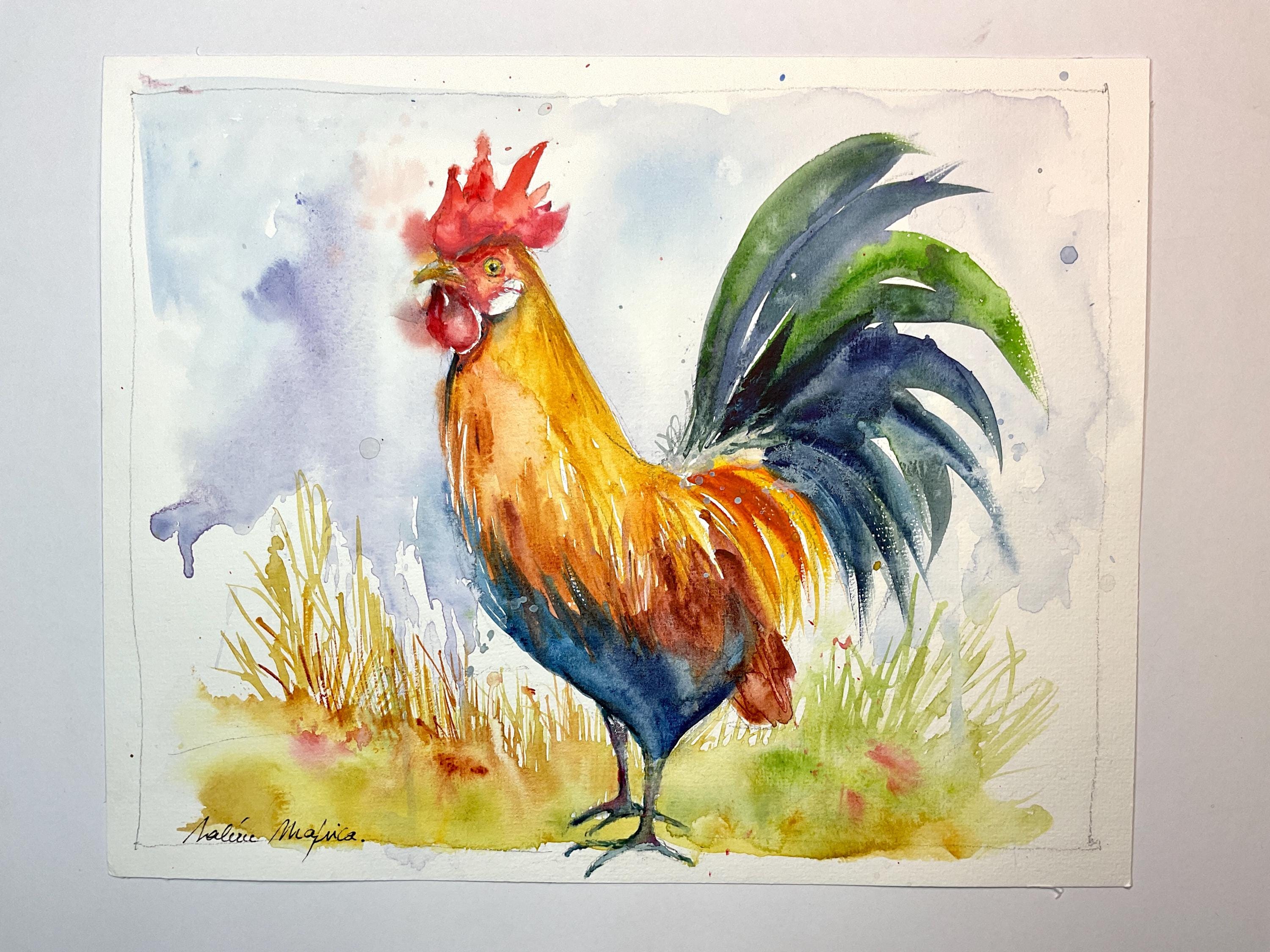 鶏の絵、農場の王のオリジナルの水彩画、田舎風の壁の装飾、鶏ファンへ