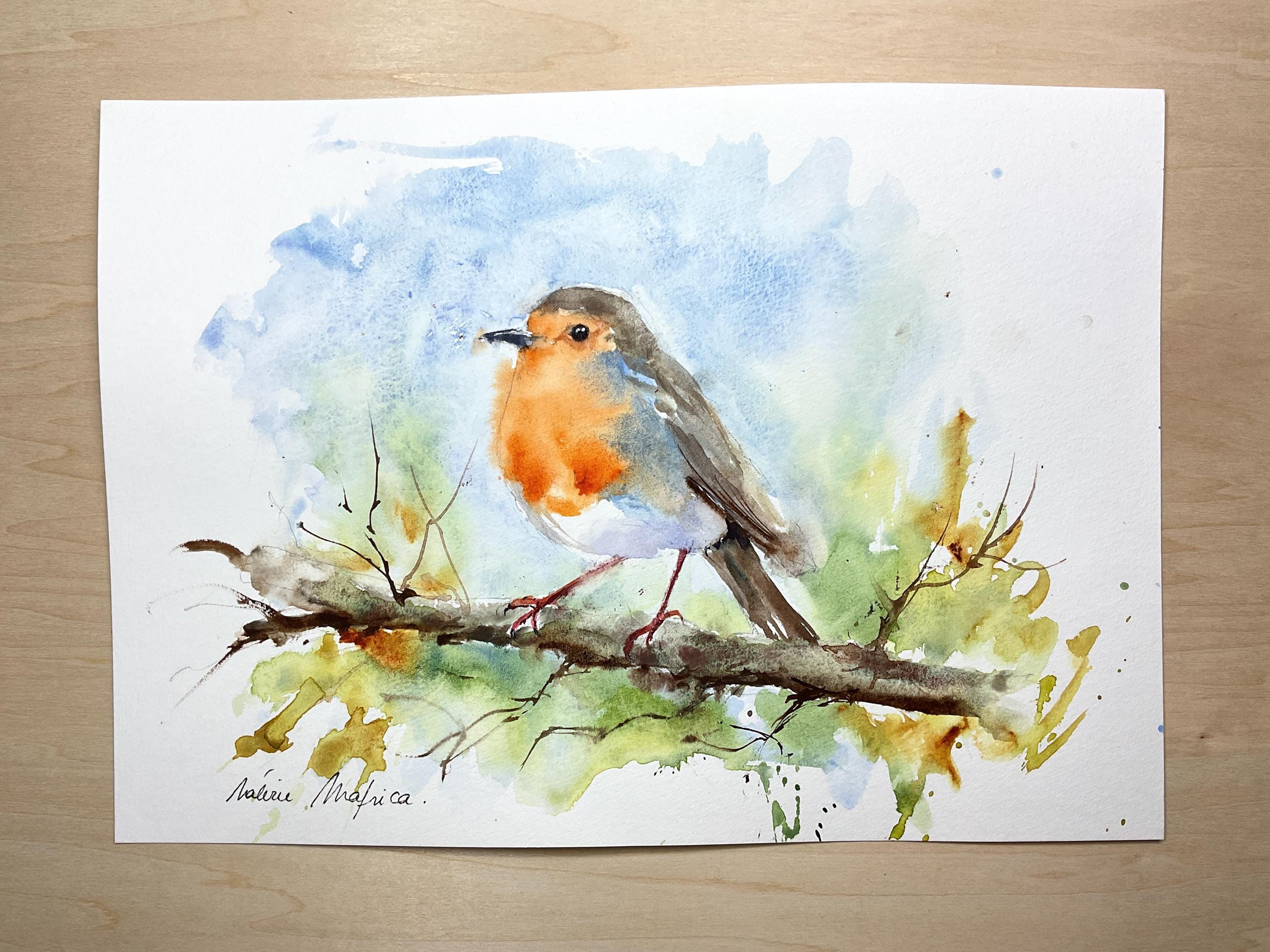 ロビンのオリジナル水彩画、庭の鳥をテーマにした出産祝いの小さな