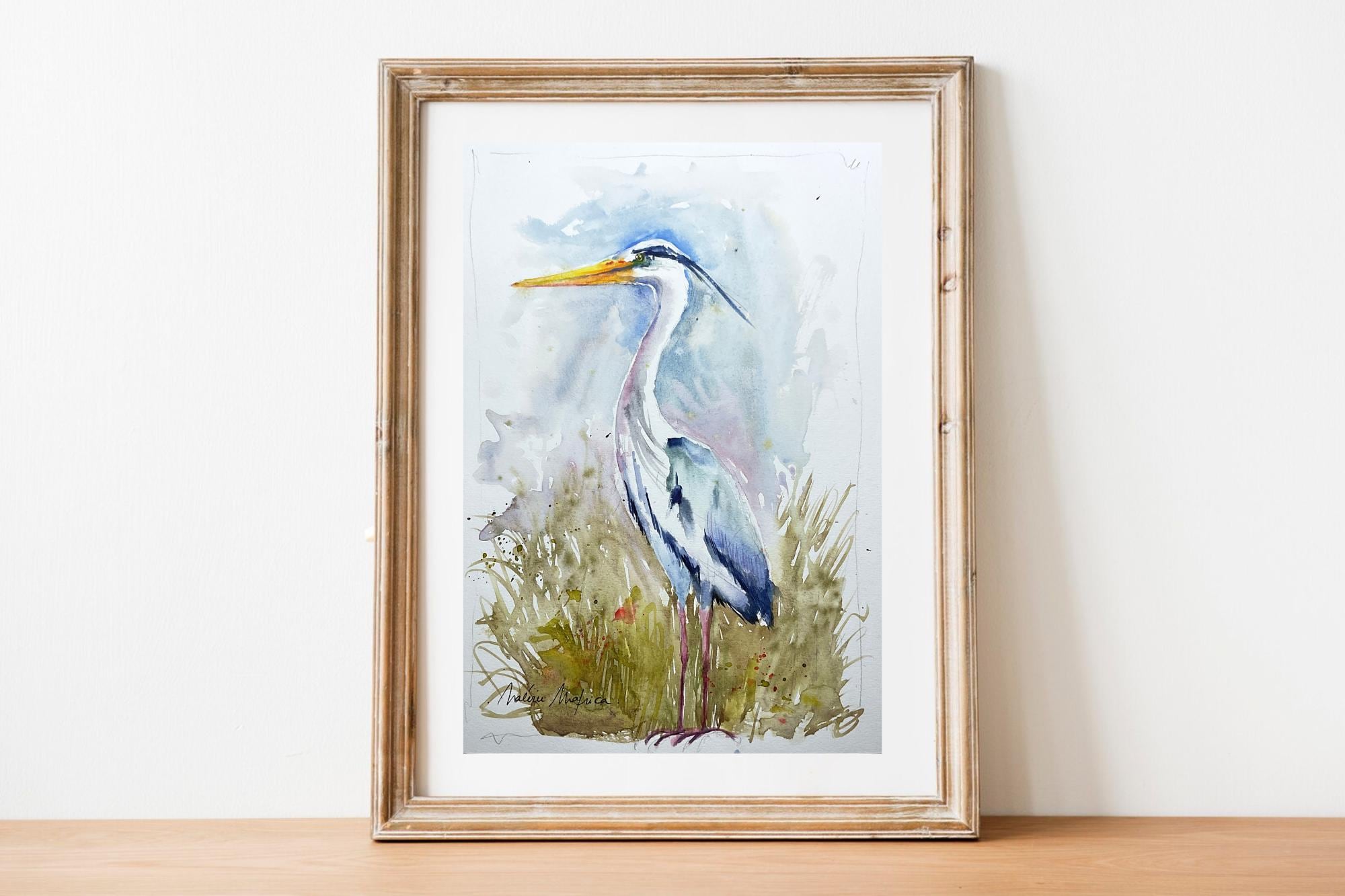 アオサギの絵画、アオサギのオリジナル水彩画、沼地や池の水鳥の絵画