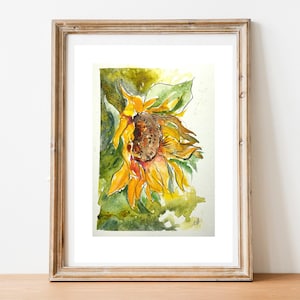 Acquerello originale di girasole, dipinto di girasole giallo in fiore, piccola opera d'arte contemporanea di un girasole alla fine della fioritura
