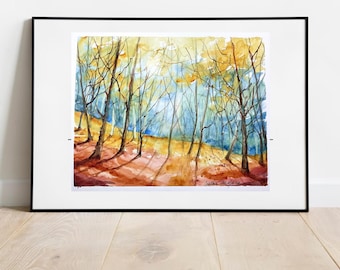 オリジナルの水彩画の森の絵画、下草の風景、木と自然の絵画、緑