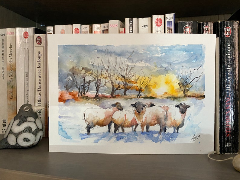 Peinture aquarelle de moutons, paysage de troupeau dans la campagne, peinture originale de moutons dans les prés au couchant, art mural image 6