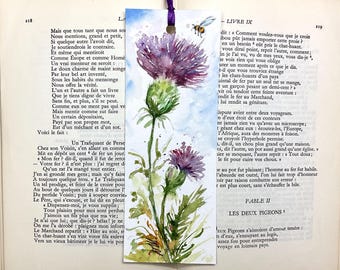 Thistle and bee Hand Painted Bookmark, thistle Flower Painting on page marker, Gift Idea for Reader, Watercolor of bumblebee on wildflower