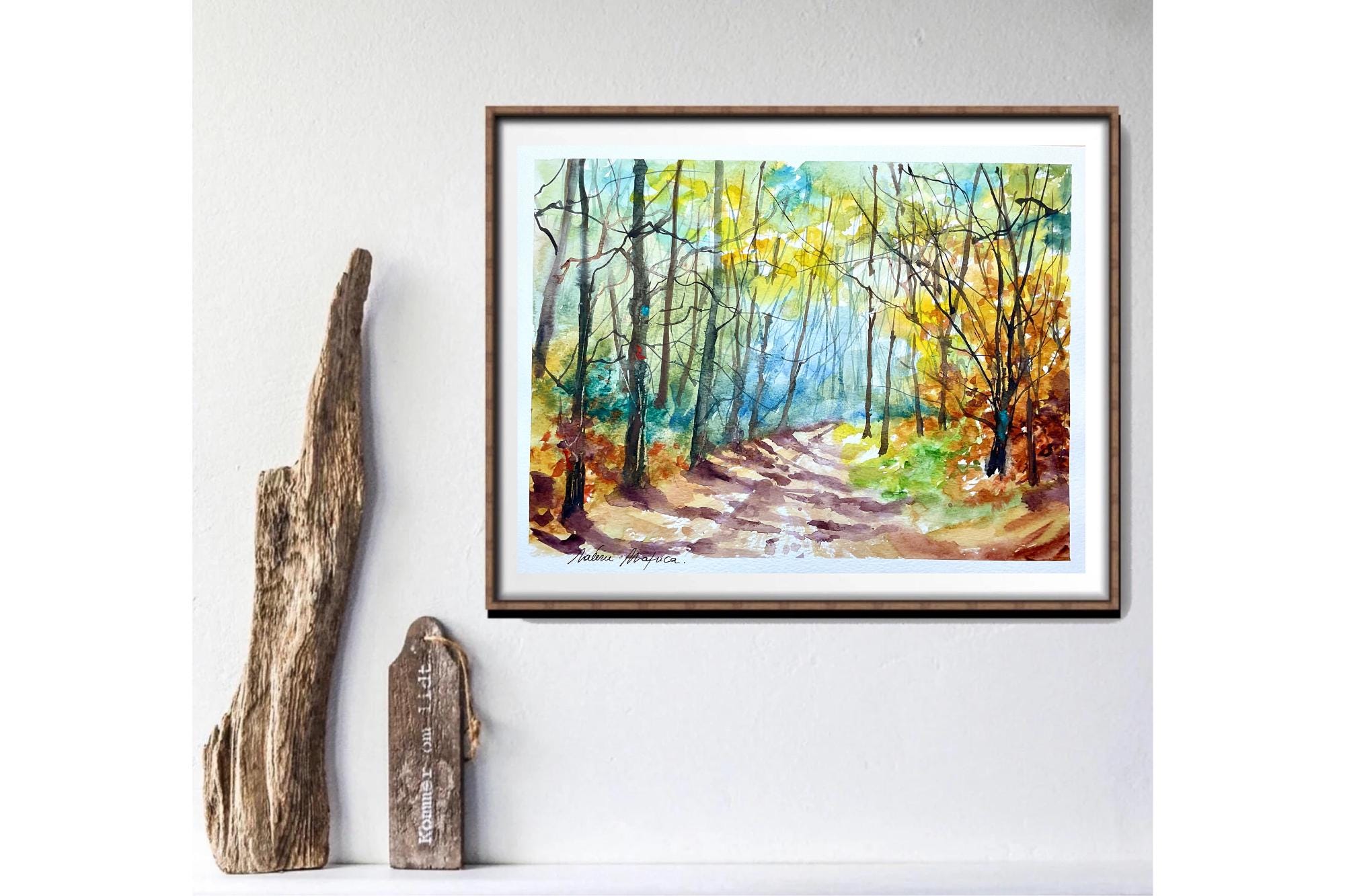 オリジナルの水彩画：森の中、森の風景、秋のハイキングコースの絵画