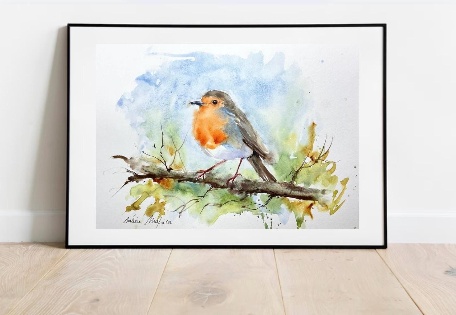 ロビンのオリジナル水彩画、庭の鳥をテーマにした出産祝いの小さな