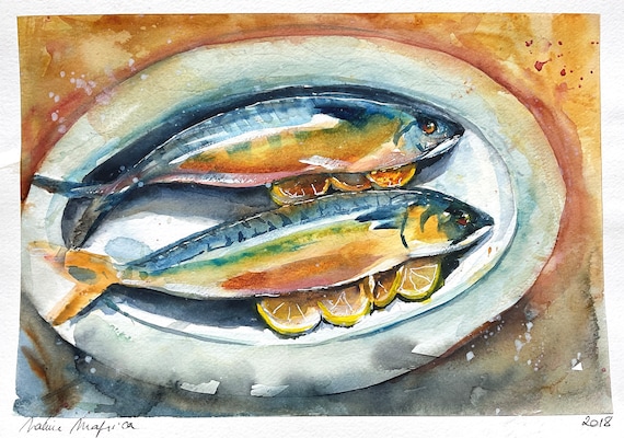 サバの魚のオリジナル水彩画、キッチンの静物画の装飾、料理用の魚の
