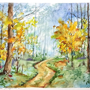Autumn landscape in forest, original watercolor of forest path, trees and multicolored foliage of Indian summer in nature, art gift for home