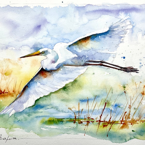 Aigrette blanche en Peinture aquarelle originale, tableau mural d’un majestueux oiseau blanc gracieux en vol au dessus du lac, oiseau marais