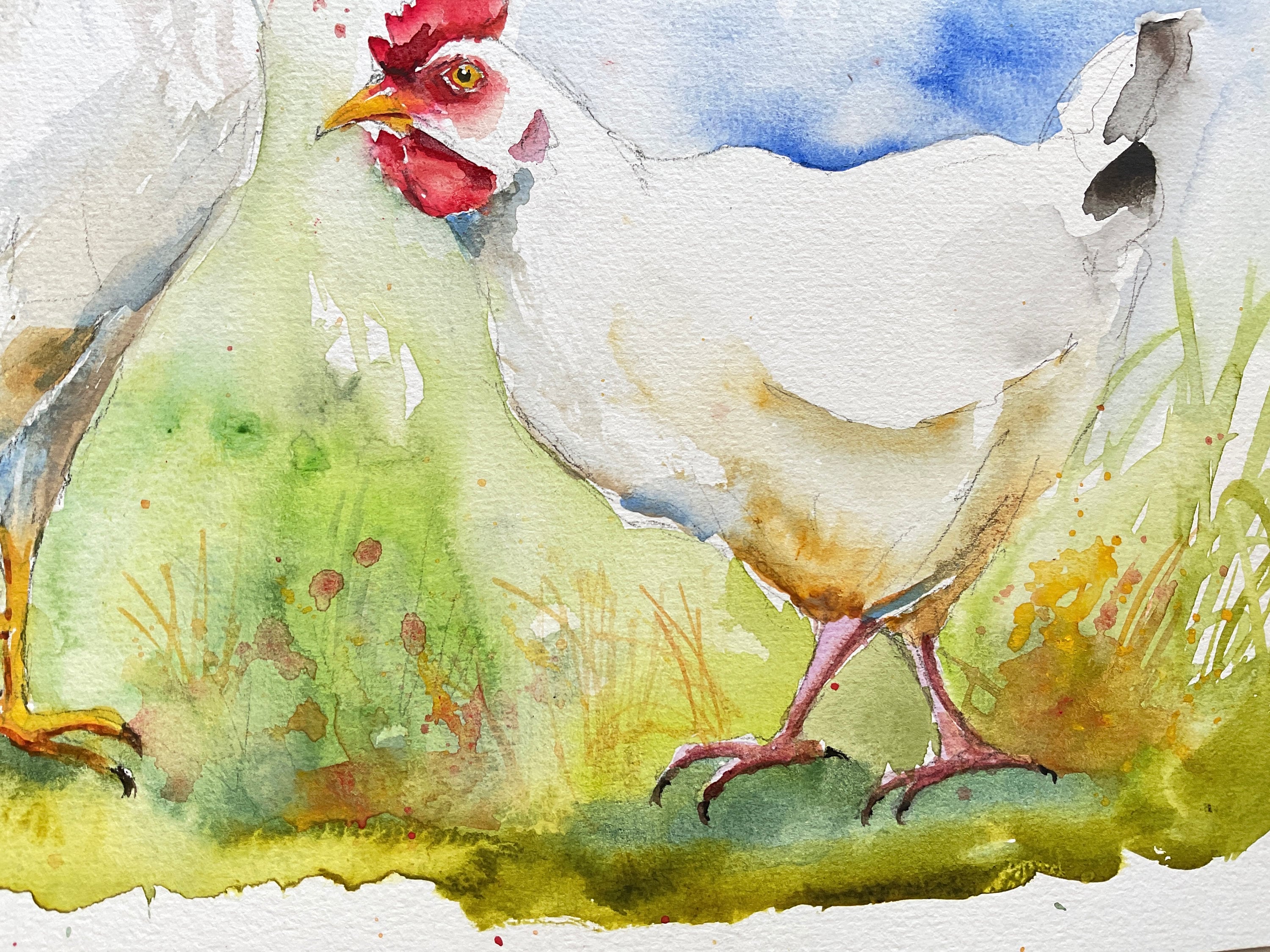 白い雌鶏と雄鶏の絵画、カップルのオリジナルの水彩画、農場の家禽の