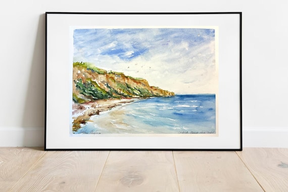 オマハビーチのオリジナル水彩画、ノルマンディー上陸作戦の海岸の風景
