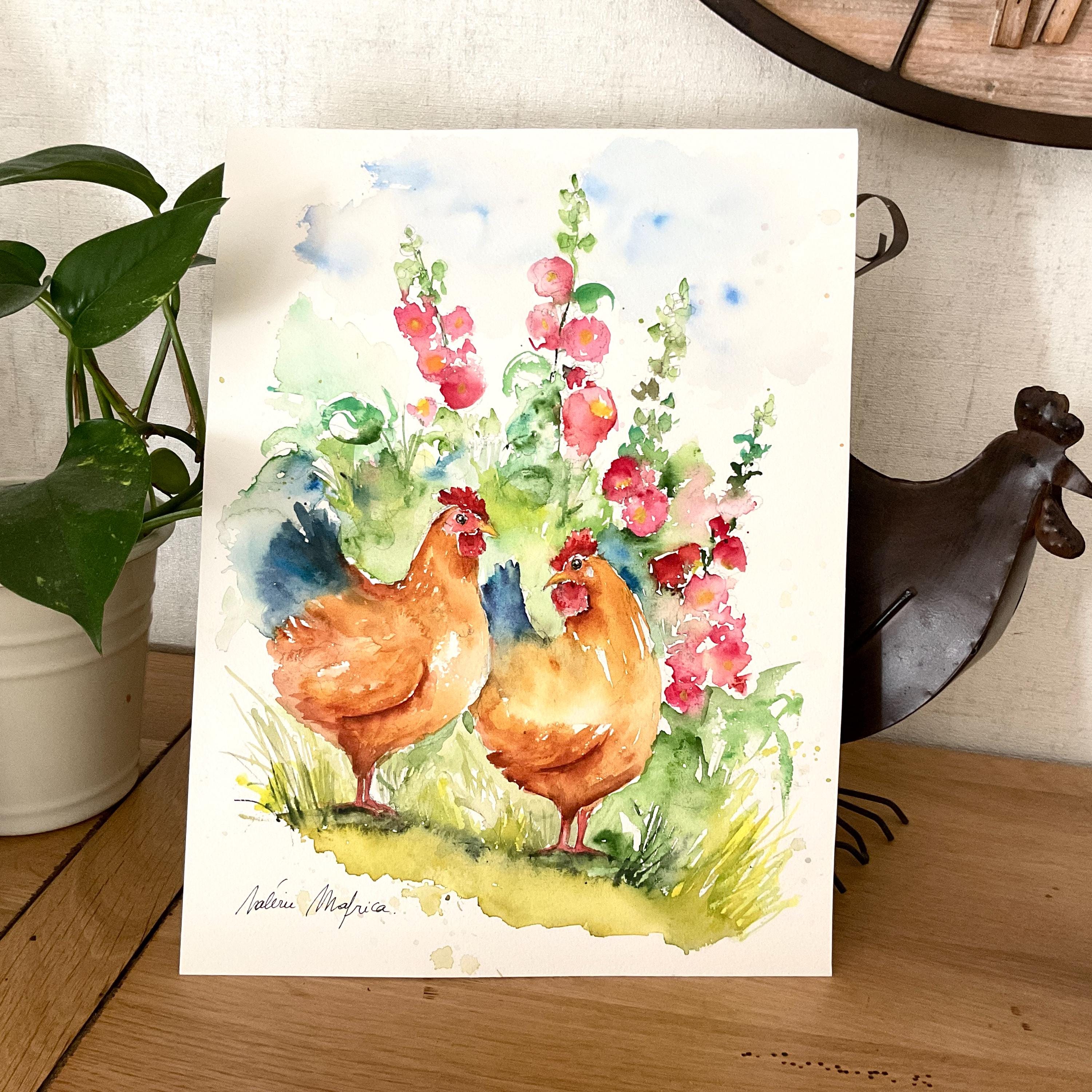 二羽の鳥 絵画 油彩画 油絵 F4 oil painting art Two red hens in original watercolor painting, wall art of a couple