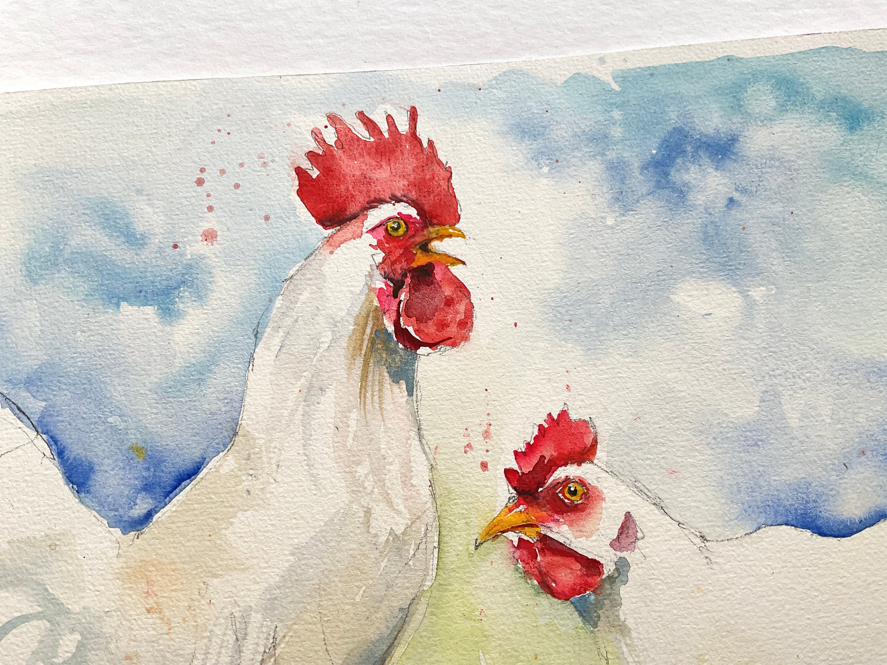 白い雌鶏と雄鶏の絵画、カップルのオリジナルの水彩画、農場の家禽の