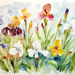 Acquerello originale di iris in giardino – Dipinto floreale primaverile – Arte botanica fatta a mano, regalo naturalistico, arte impressionista