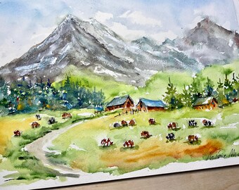 夏の山のオリジナル水彩画、山岳風景画、アルプスの水彩画、アラビス
