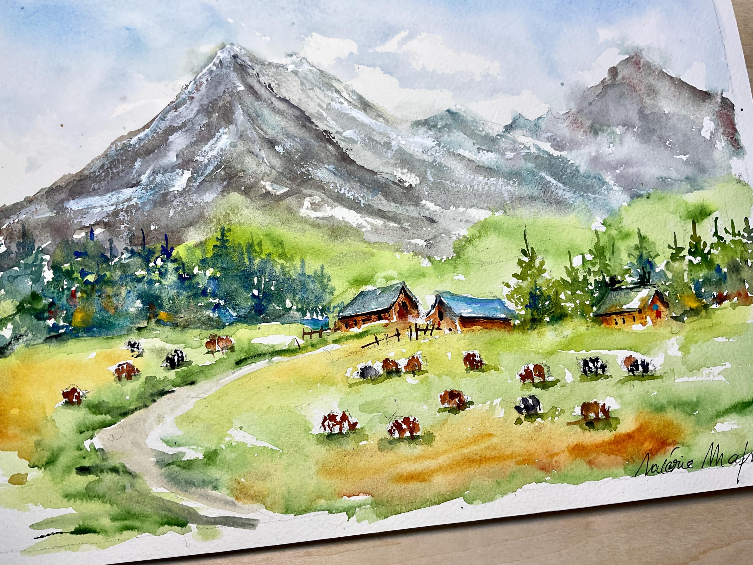 手描き パステル画 馬と山脈 風景画 アート 夏の山のオリジナル水彩画、山岳風景画、アルプスの水彩画、アラビス