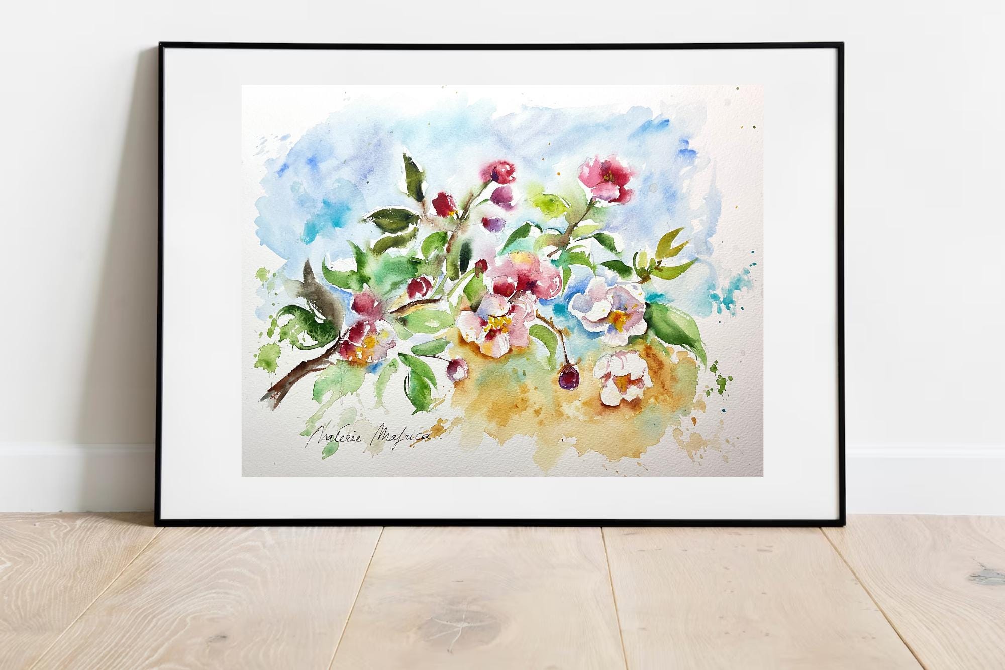 春のリンゴの花の水彩画、ピンクの木の花の花束のオリジナル絵画、再生