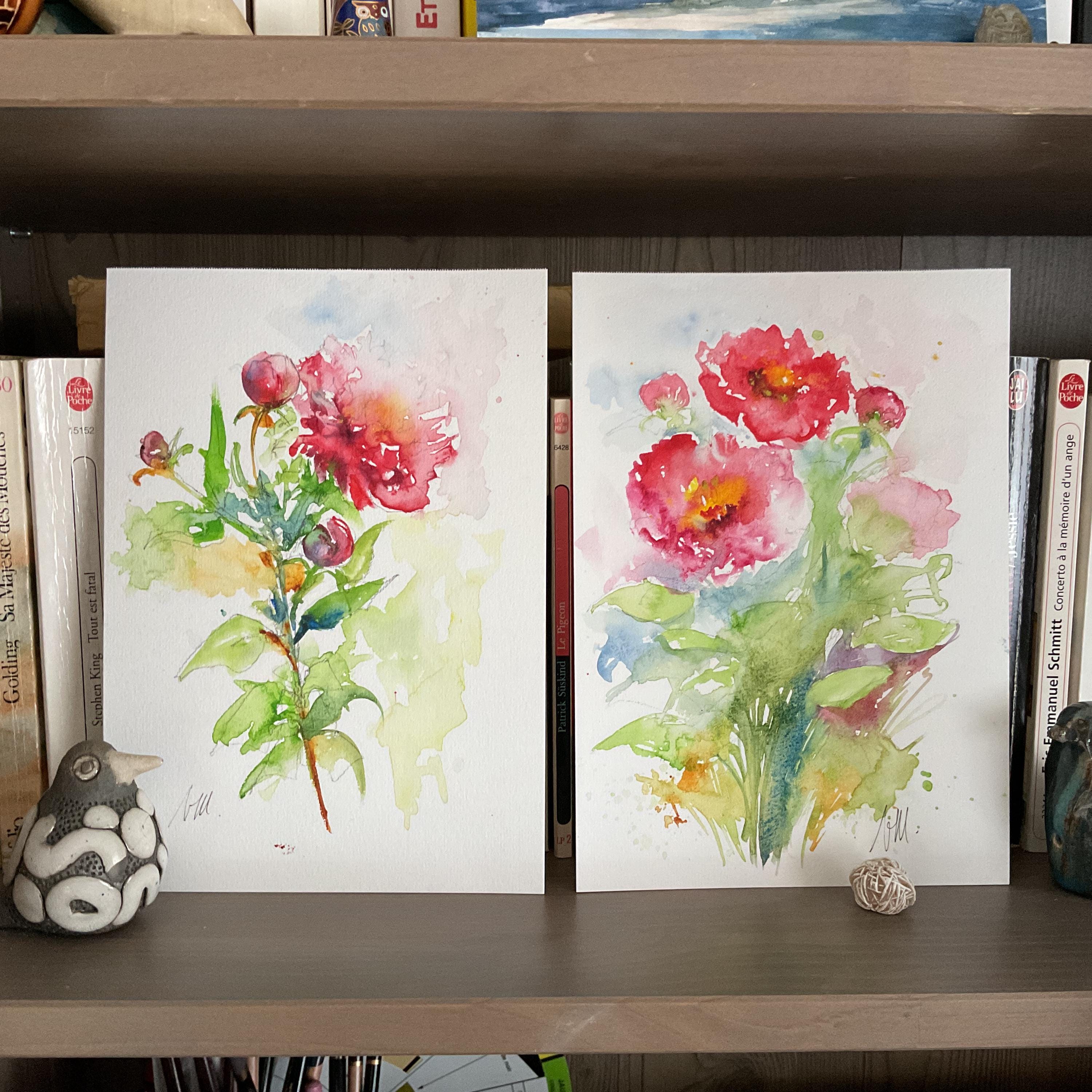 ピンクの牡丹と庭の花のオリジナル水彩画、色とりどりの花のオリジナル