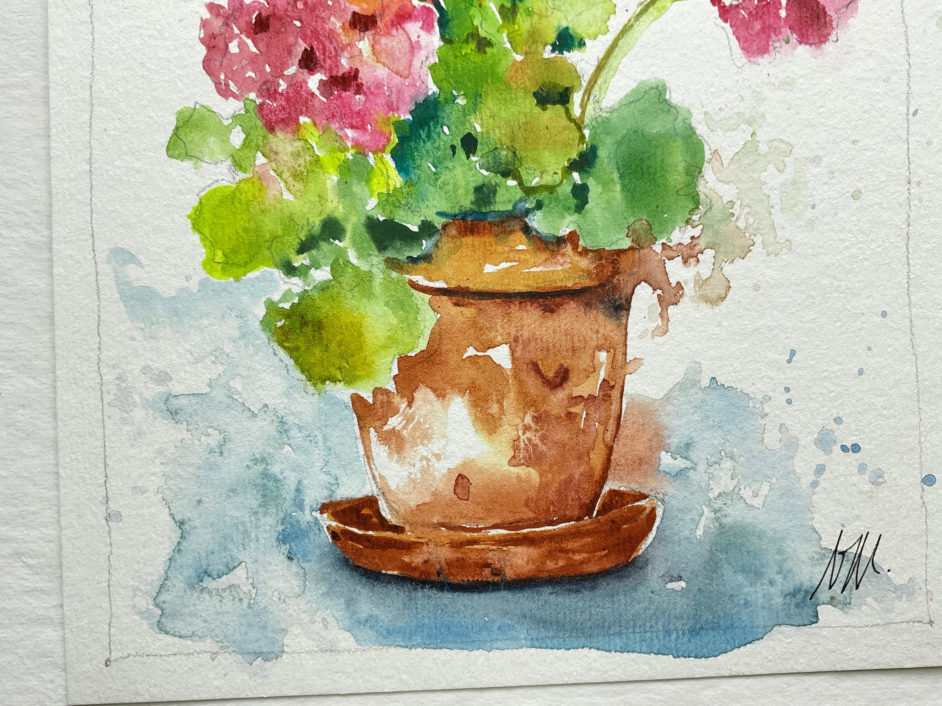 ピンクのゼラニウムの花の絵画、庭からのピンクの夏の花のオリジナルの