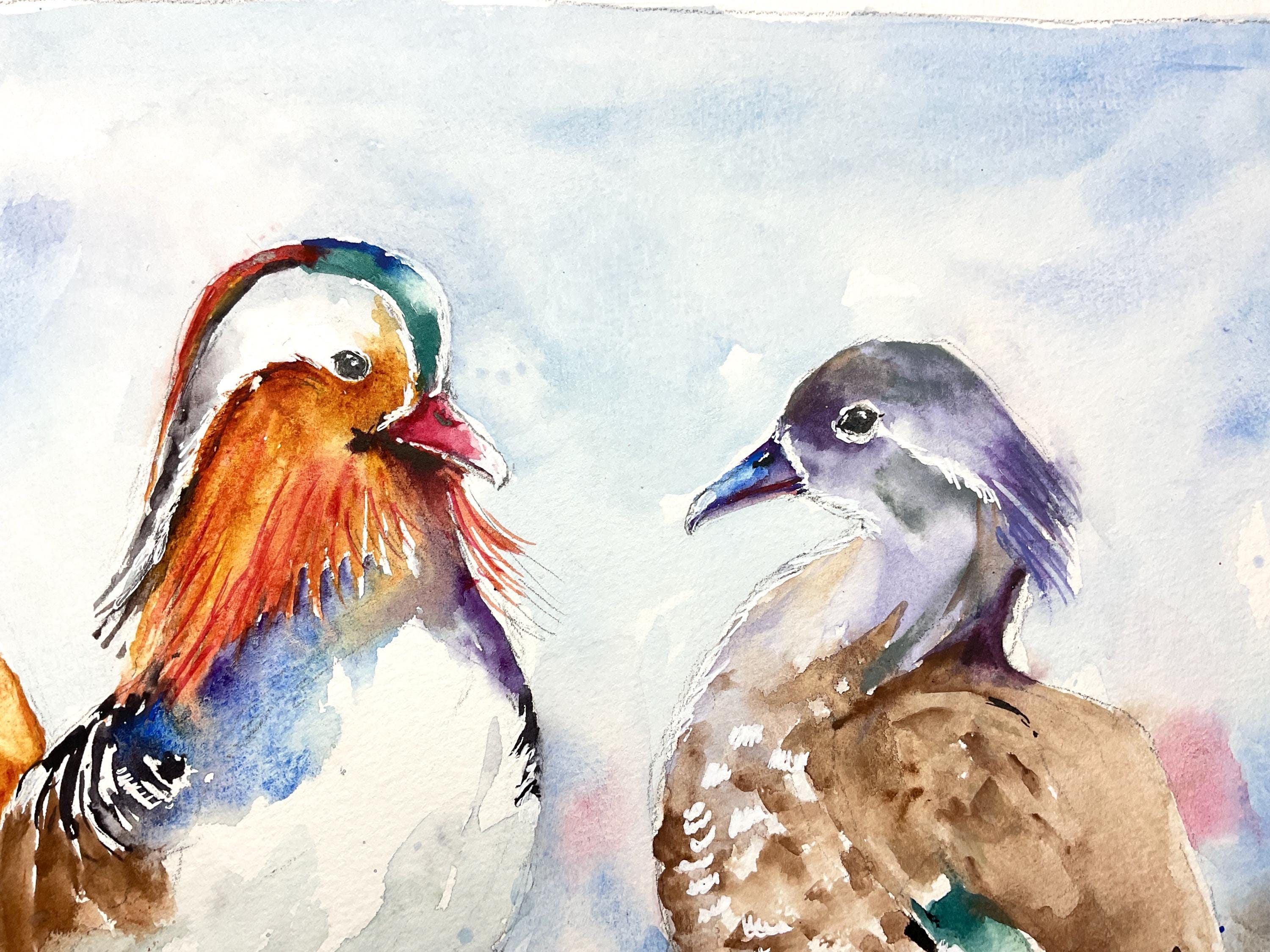 水彩画「おし鳥夫婦」 オシドリのつがいのオリジナル絵画、水かきのある鳥のオスとメスの恋の