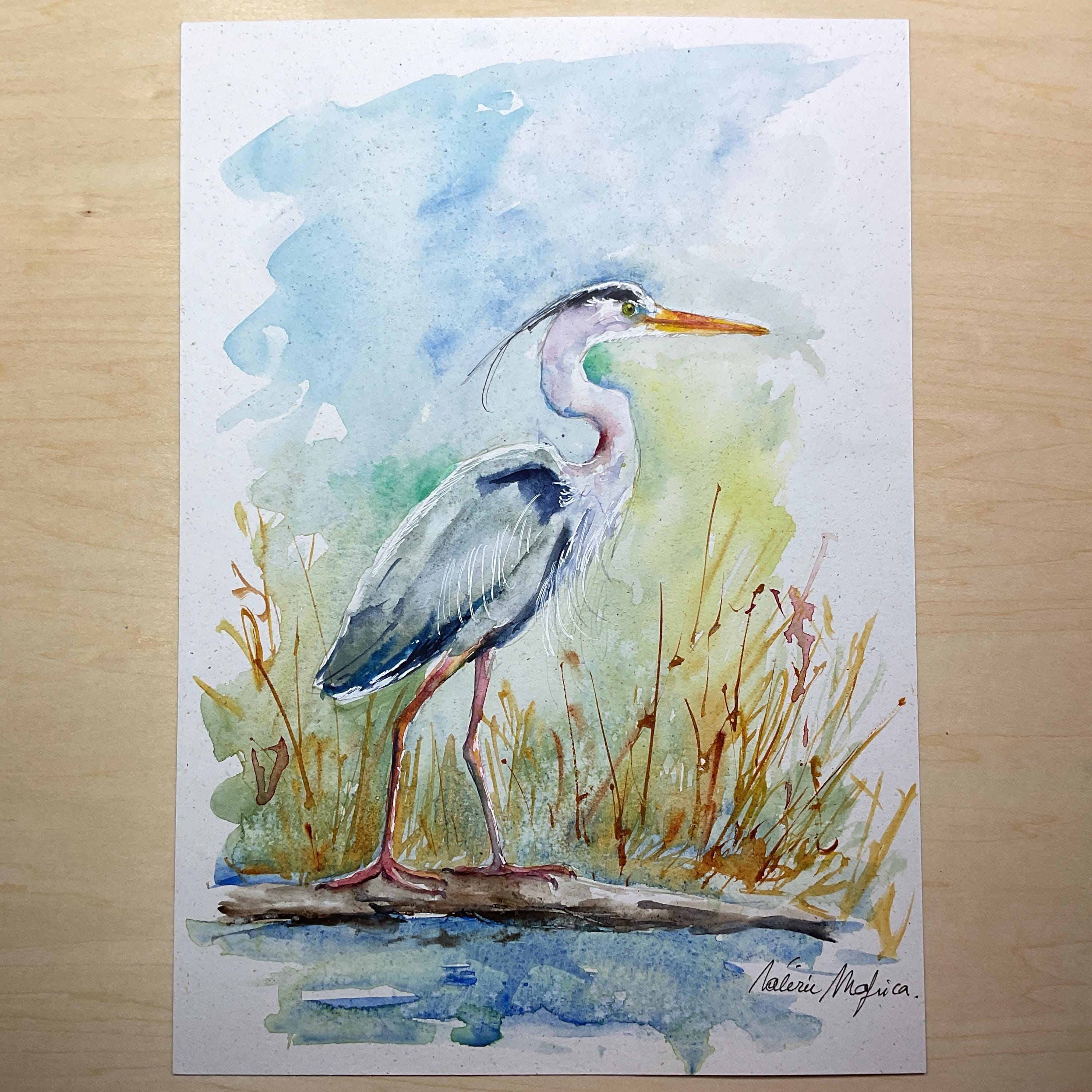 アオサギの絵画、アオサギのオリジナル水彩画、沼地や池の水鳥の絵画