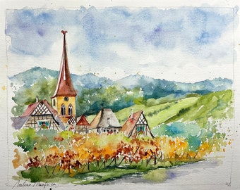 Alsatian village in watercolor, original painting of vines on the wine route in France, tourism in Alsace France, Strasbourg Colmar Art