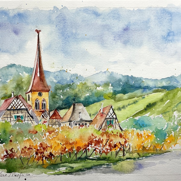 Aquarell eines Dorfes im Elsass, Originalgemälde von Weinbergen an der Weinstraße in Frankreich, Tourismus Straßburg Colmar Kaysersberg Obernai