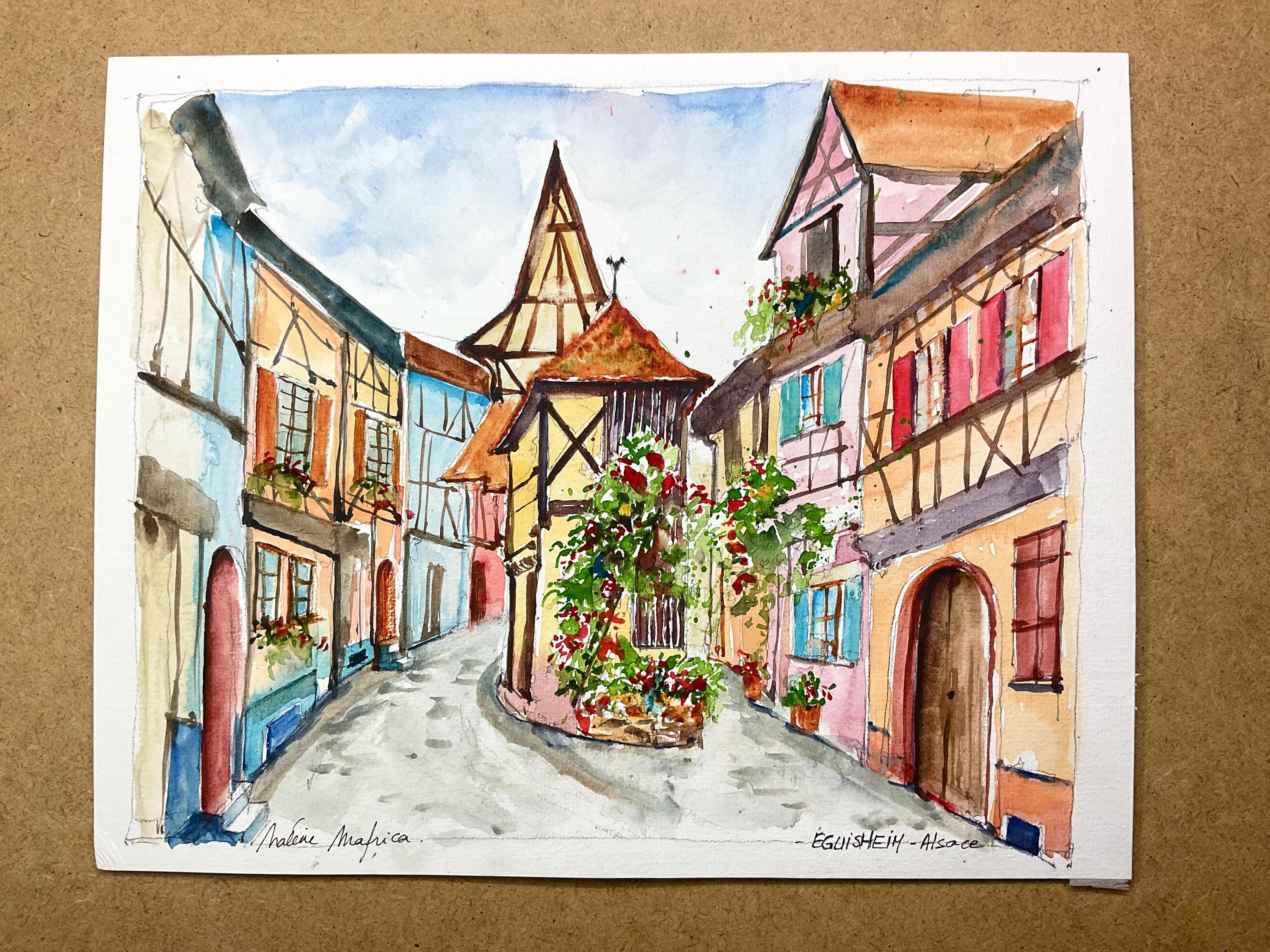 アルザスの水彩画、エギスハイム村の絵画、アルザスワイン街道