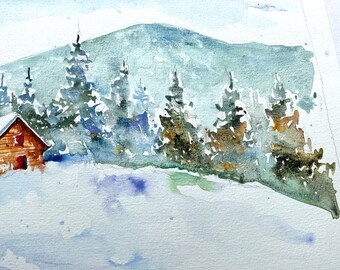 美瑛の丘シリーズ 風景画 水彩画 雪山と木々 サイズはF10号 il_340x270.6272460957_976t.jpg